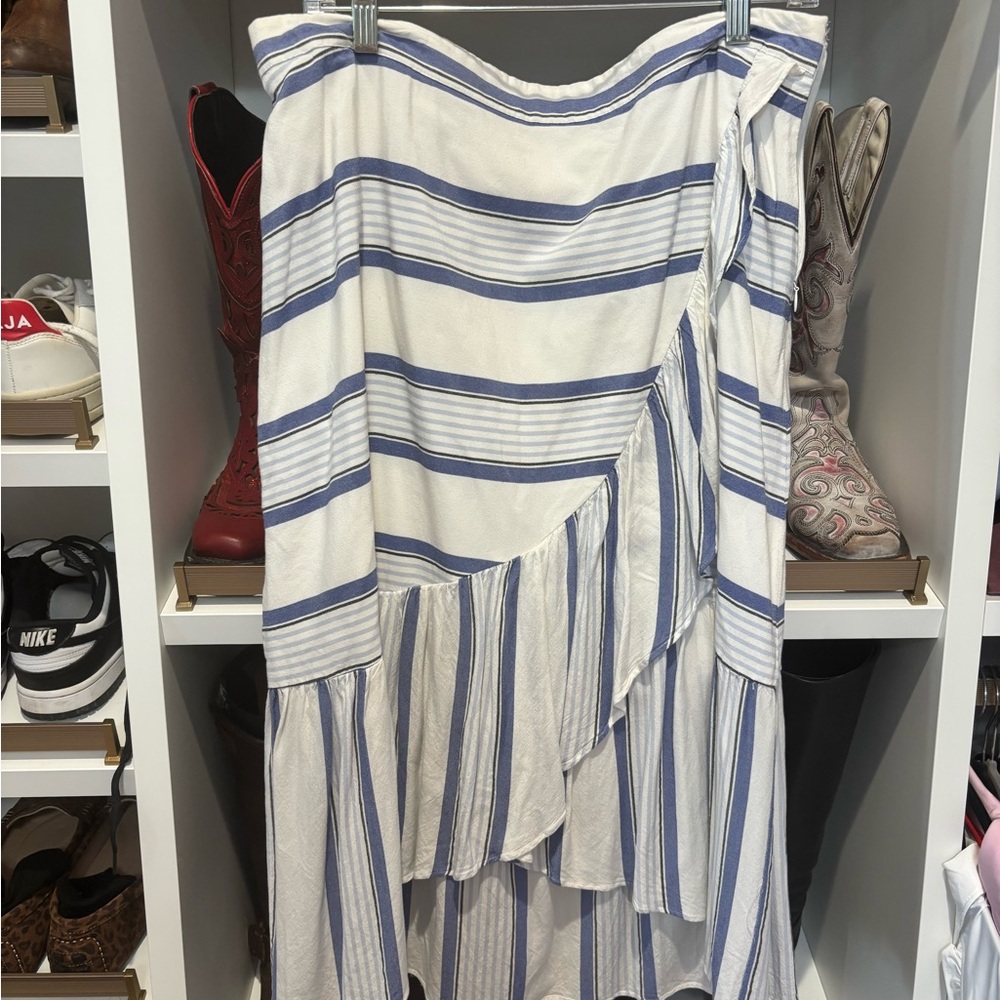 LOFT White and Blue Maxi Wrap Skirt with Ruffled Asymmetrical Design